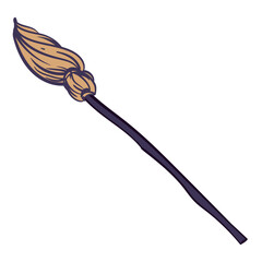 Vector witch broom, magical flying item. Witchcraft old broom with wooden handle isolated on white. Halloween decor element in flat style.