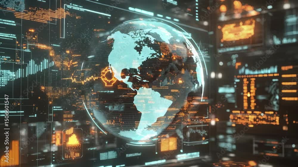 Aufkleber A digital globe surrounded by futuristic data visualizations and glowing analytics in a high-tech interface environment.