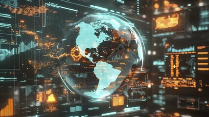 A digital globe surrounded by futuristic data visualizations and glowing analytics in a high-tech interface environment. - Powered by Adobe