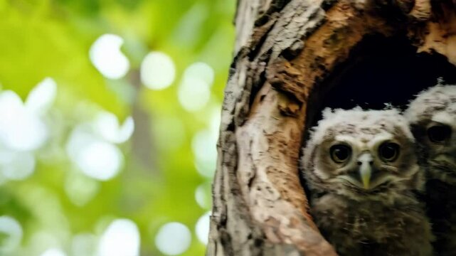 Two fluffy young owlets peering out from a knothole in a gnarled tree trunk, surrounded by blurred green leaves in a natural forest setting