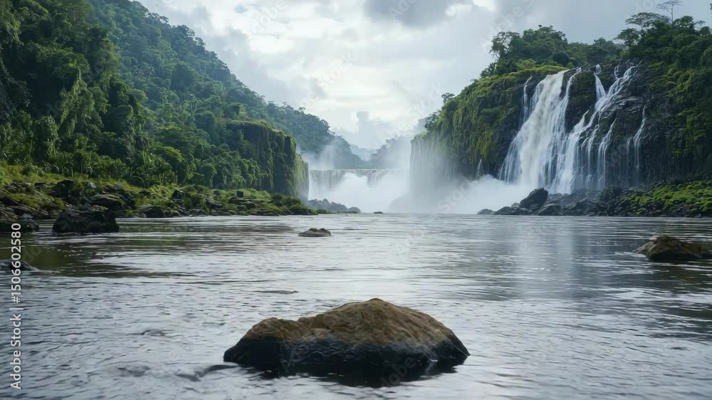 Poster a wide river flows through lush green forested hills, featuring tall waterfalls and large rocks in t