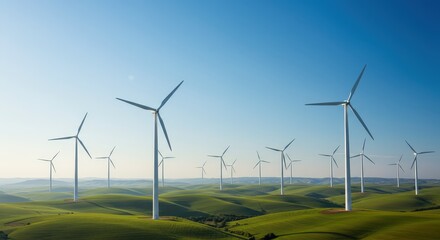 Wind Turbine on Green Hills Under Blue Sky