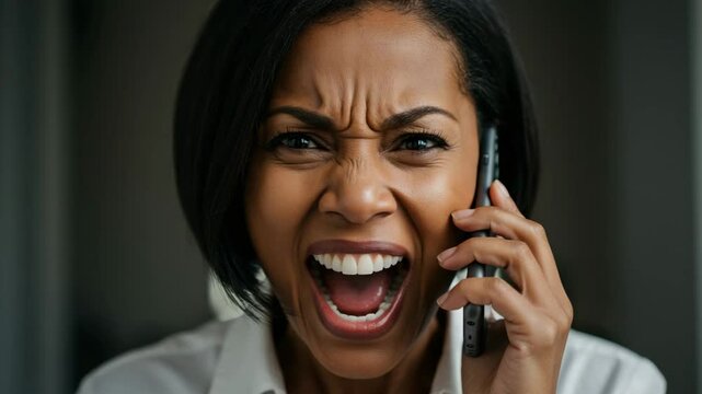 Young woman shouting on the phone indoors with an intense expression  