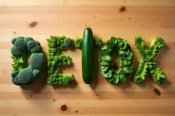 Detox word made of green vegetables on wooden background healthy living concept. Detox concept with green vegetables arranged as text