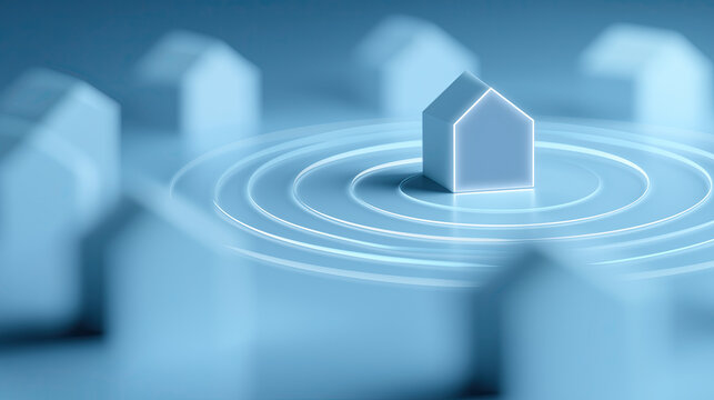 Luminous holographic house model projects upward from digital surface with technological precision