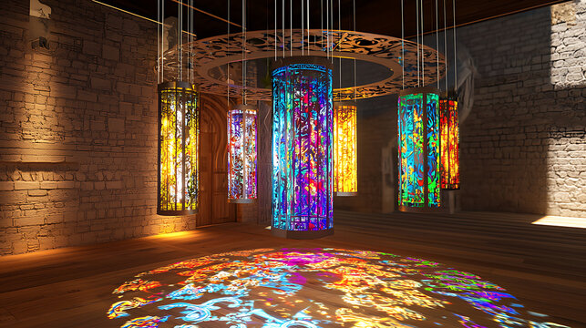 A monumental, modern building with a circular opening at its apex, showcasing intricate white, blue, and gold geometric patterns, illuminated from within. - Powered by Adobe