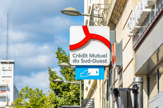 Credit Mutuel du Sud-Ouest sign at the entrance of a bank agency