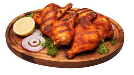 Delicious Grilled Chicken Legs Platter with Lemon and Onion Slices, perfect for a restaurant menu or food blog