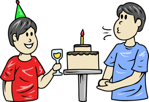 Cartoon boys at birthday celebration with cake and drink