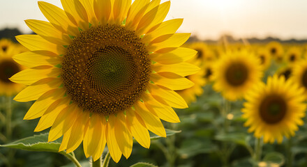 Obraz premium A closeup of a large sunflower other sunflowers blurred in the background under a bright sky