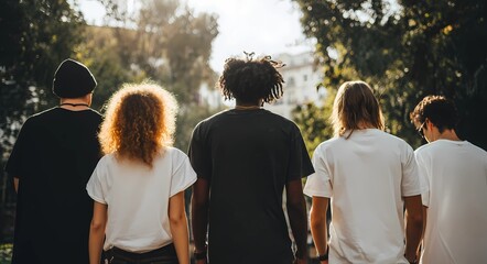 Fun outdoor group of friends showcasing various T-shirt designs, one turned back while others face front in casual setting.