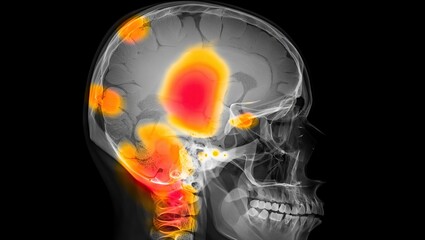 Obraz premium Cranial X-ray composite reveals meningitis, with inflammation of meninges emphasized through vivid heat-map color cues.