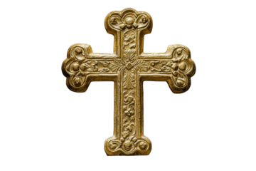 Gold Ornate Christian Cross Symbol with Intricate Designs Religious Artifact Faith on transparent background