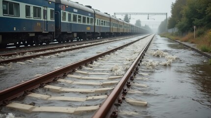 Fototapeta premium Train tracks vanish beneath rushing floodwaters, signaling a complete shutdown of transportation through the area.