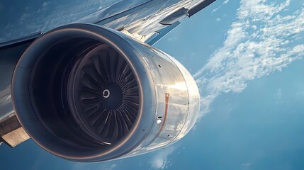 the engine of a commercial airplane with blue sky