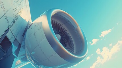 the engine of a commercial airplane with blue sky