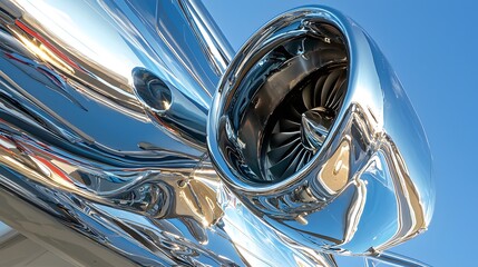 the engine of a commercial airplane with blue sky