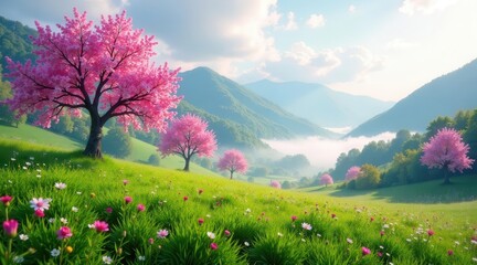 Serene Springtime Vista Blossoming Pink Trees Adorn a Lush Green Meadow, Nestled Amongst Rolling Hills and Misty Valley