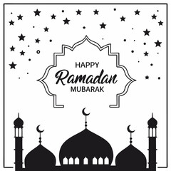 Happy Ramadan Mubarak design with mosque silhouettes under a starry night sky—perfect for festive digital decor and greetings
