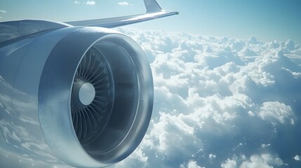the engine of a commercial airplane with blue sky