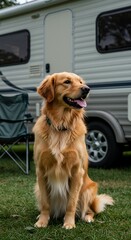Golden Retriever Sits Beside Camper