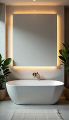 Fototapeta premium Sleek minimalist bathroom, large empty frame above tub, tile, sink, fixture