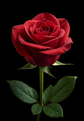 Fototapeta premium A closeup of a red rose with green leaves and stem on a black backdrop Water droplets are visible