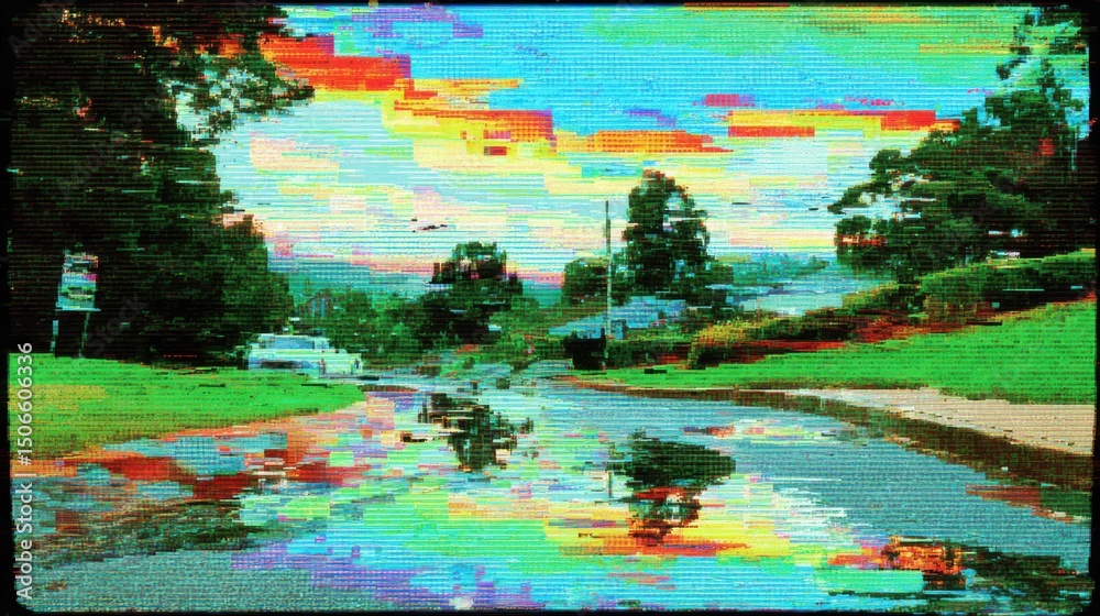 Aufkleber glitchy landscape with trees and car, representing digital disruption and technological advancement 