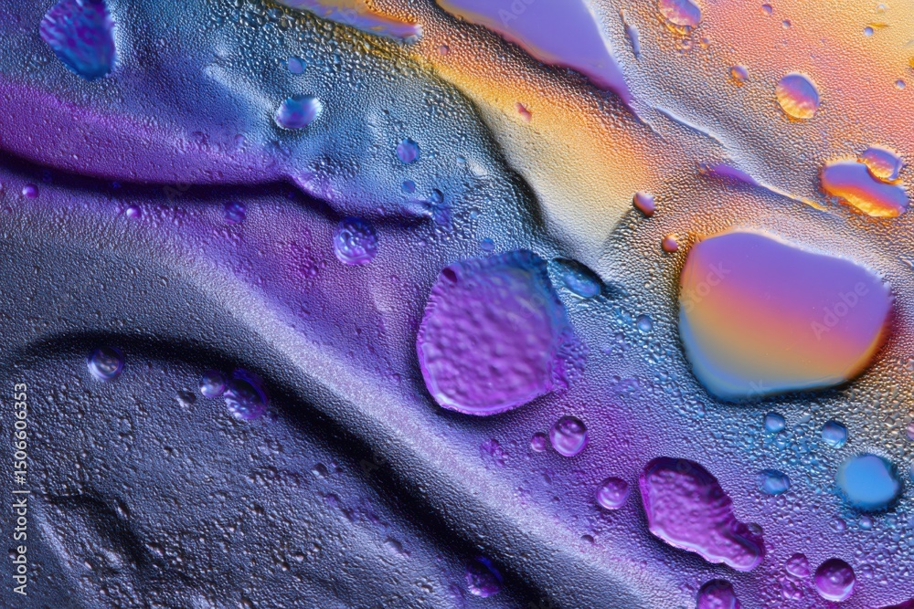 Poster macro abstract of colorful liquid droplets and condensation, representing scientific innovation and 