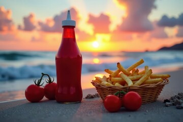 Sunset beach snack crispy fried potatoes in a wicker basket, ripe red tomatoes, and a bottle of rich tomato condiment