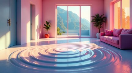 Serene Minimalist Living Room with Pink Walls, a Ripple-Effect Floor, and Mountain Views