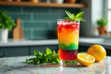 Refreshing Rainbow Layered Cocktail in Glass with Mint Garnish and Lemon Slices on Marble Surface