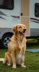 Golden Retriever Sitting Outside RV Camper