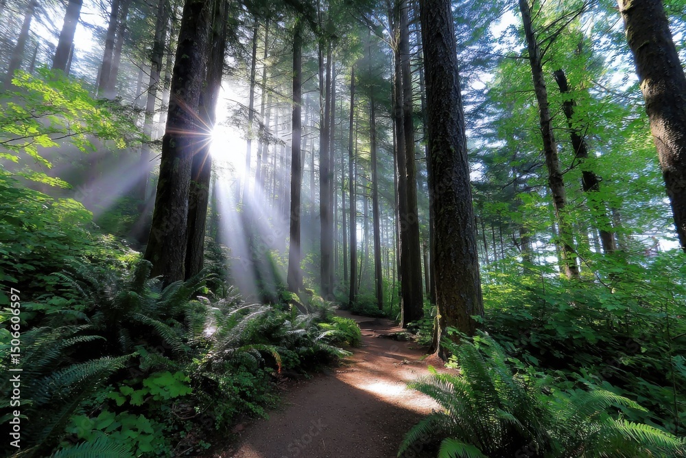 Poster sunbeams filtering through forest trees, inspiring tranquility and environmental awareness for natur