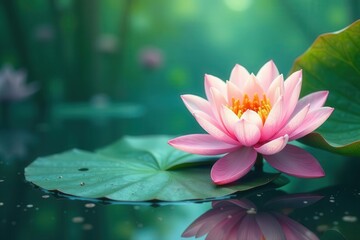A Serene Pink Water Lily Floating Gracefully on a Lush Green Pad, Reflected in Still Water, Creates a Tranquil and Peaceful Scene