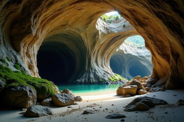 Enigmatic Cave System with Serene Hidden Lagoon and Lush Vegetation