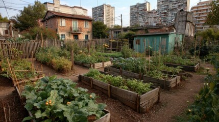 Fototapeta premium Urban Community Garden With Raised Beds and City Buildings, Symbolizing Sustainability and Local Food Production for a Healthier Lifestyle : Generative AI