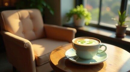 Aromatic Coffee in a Cozy Cafe Setting with Sunlight Streaming Through a Window