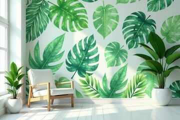 Serene Room Decor Vibrant Tropical Leaf Wall Mural with Modern Chair and Potted Plants