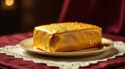 Luxurious Golden Gift Wrapped in Elegant Fabric, Resting on a Delicate Plate