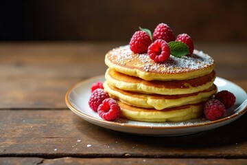 A delightful stack of fluffy pancakes, delicately dusted with powdered sugar, adorned with fresh raspberries and a sprig of mint, rests on a rustic wooden table.