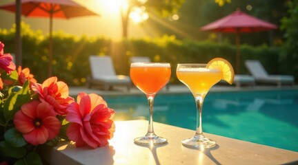 Two refreshing cocktails by the pool at sunset, illuminated by golden hour sunlight, near vibrant flowers