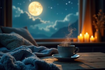 A Serene Nighttime Moment Warmth, Comfort, and Tranquility Embraced by a Cozy Blanket, a Steaming Mug, and the Gentle Glow of Candles Under a Full Moon