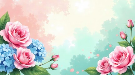 Delicate Pink Roses and Blue Hydrangeas in a Soft, Dreamy Garden Setting