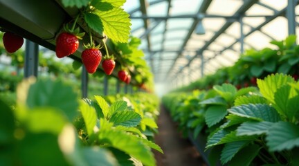 Rows of vibrant red strawberries ripening in a sunlit greenhouse, showcasing abundant harvest and agricultural technology