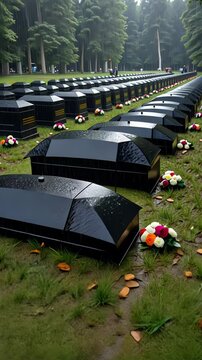Rows of black graves with colorful flowers in a quiet cemetery