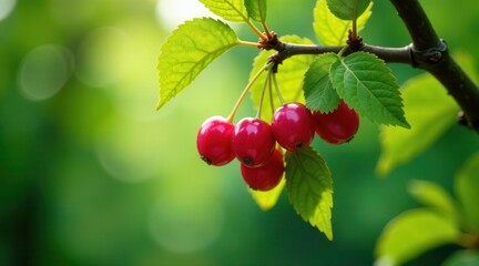 Vibrant Red Berries Hanging from a Lush Green Branch in Sunny Sunlight, a Delightful Display of Nature's Beauty
