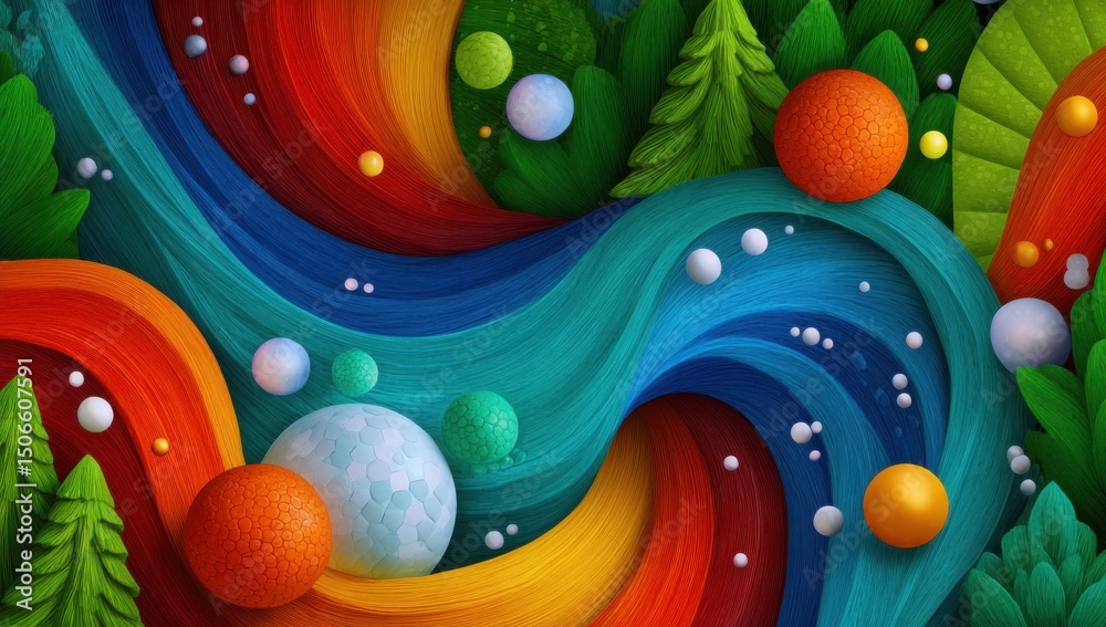 Aufkleber abstract rainbow swirls with spheres and pine trees, representing creativity and colorful imaginatio