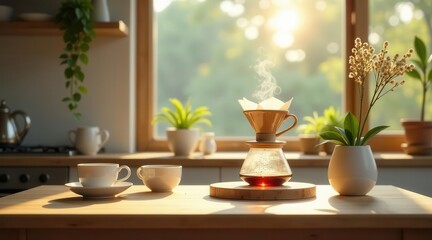 Morning sunlight illuminates a kitchen table setting with freshly brewed coffee, two ceramic mugs, and potted plants, creating a peaceful and inviting atmosphere
