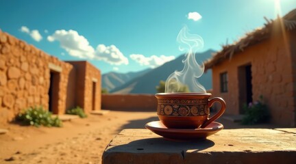 Aromatic Steam Rising from a Rustic Cup of Brew in a Sun-Drenched Village Setting